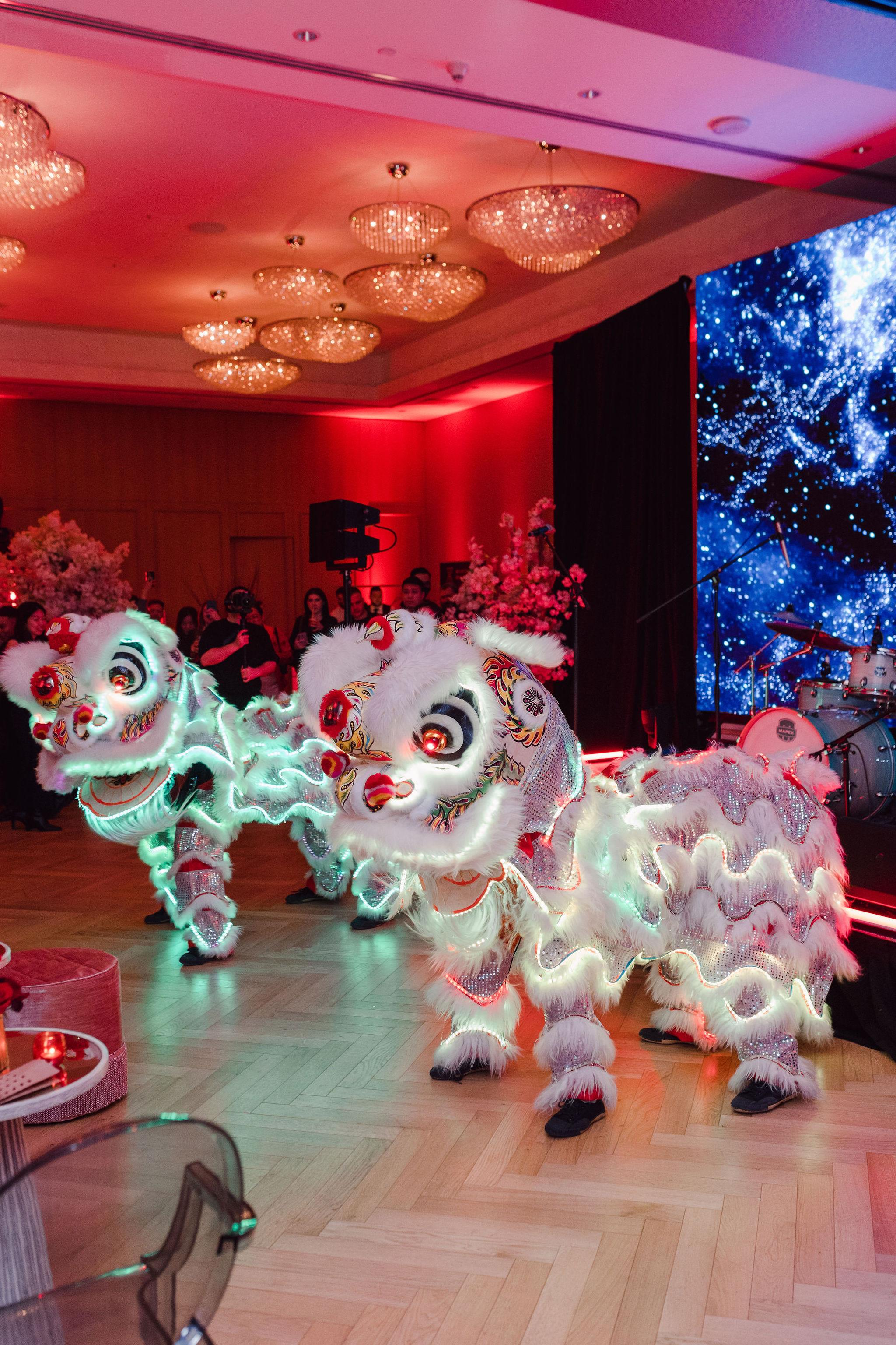 Chinese lion dancers.