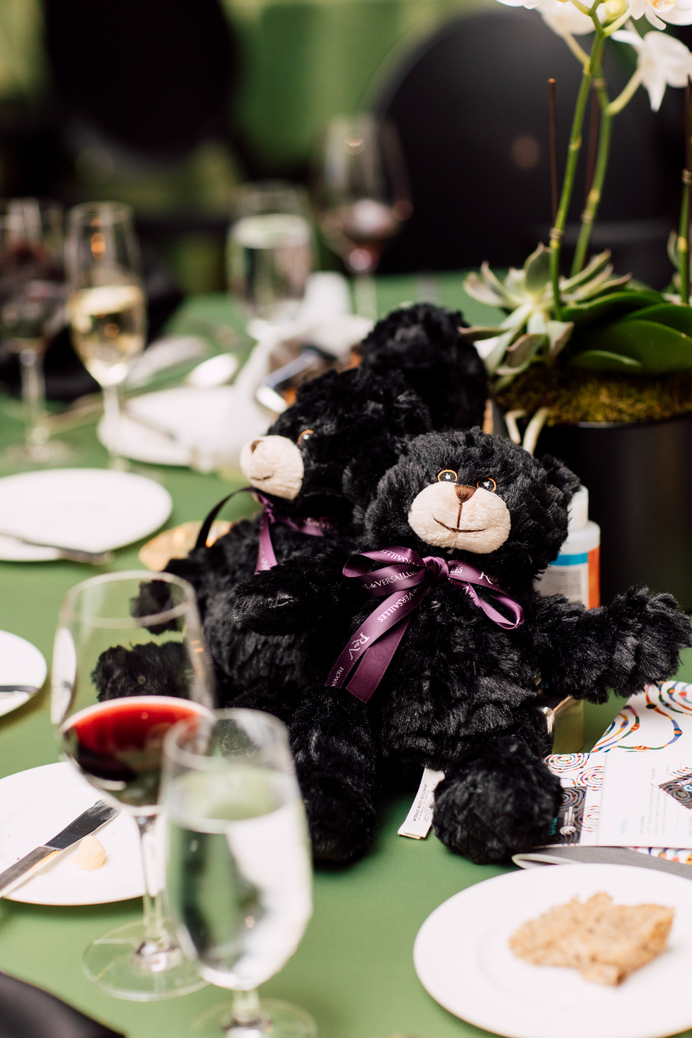 Table, black teddy bears