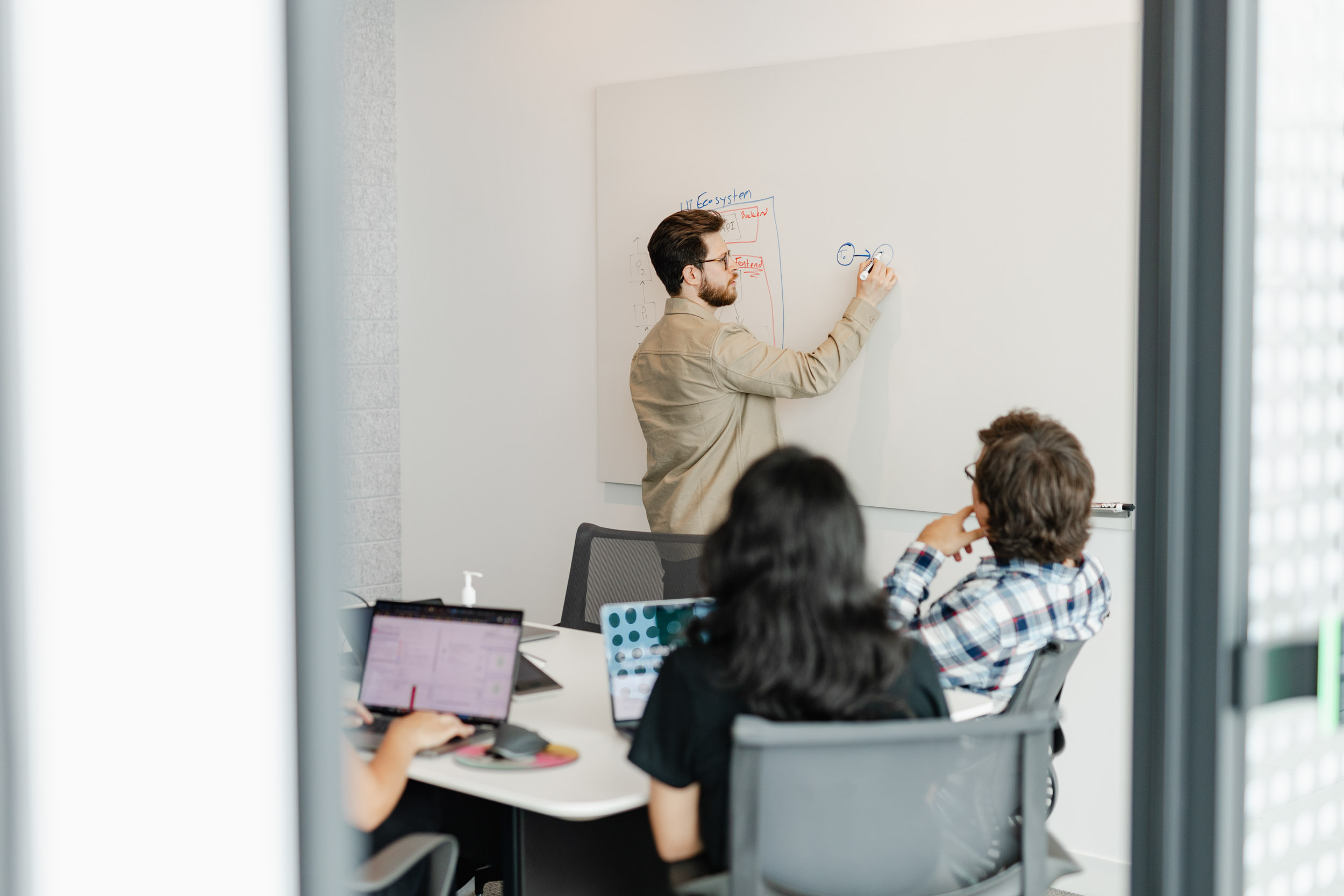 A group of people in a conference room collaborating around a whiteboard.