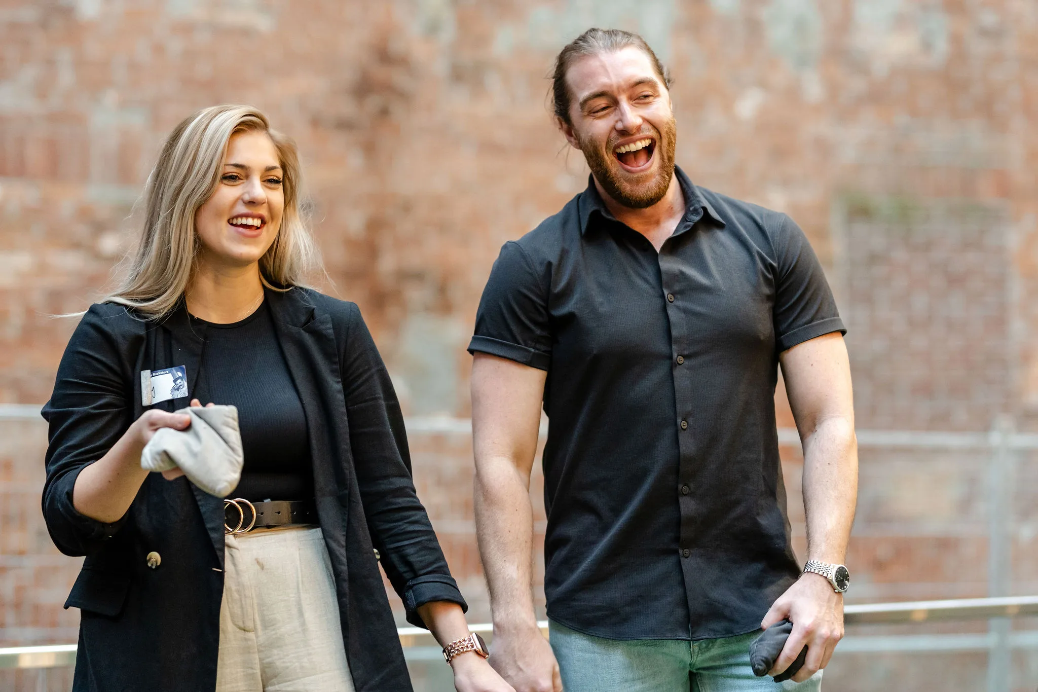 laughing, walking