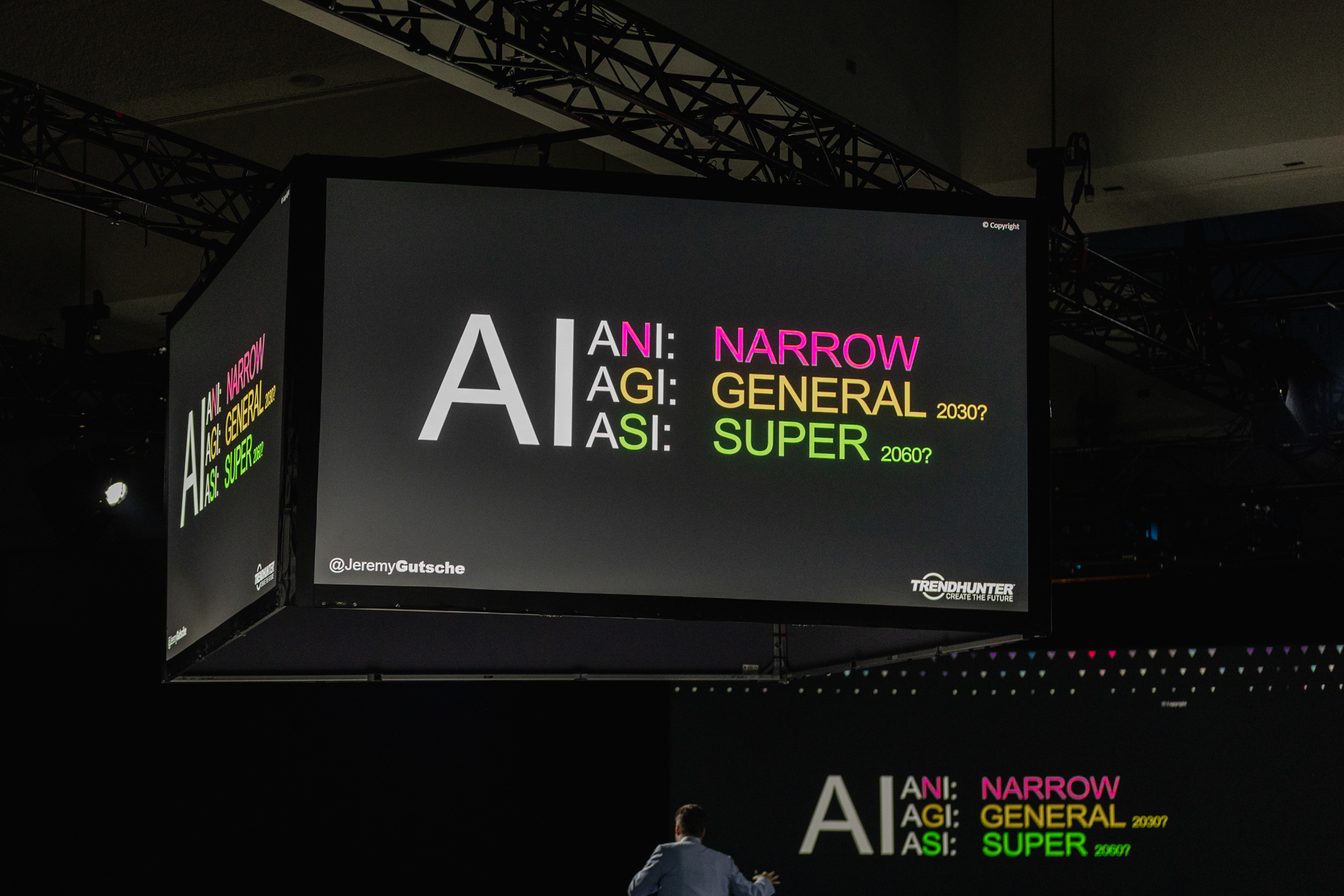 An event photographer captures an intriguing moment of a man standing in front of a large screen that says AI General Super.