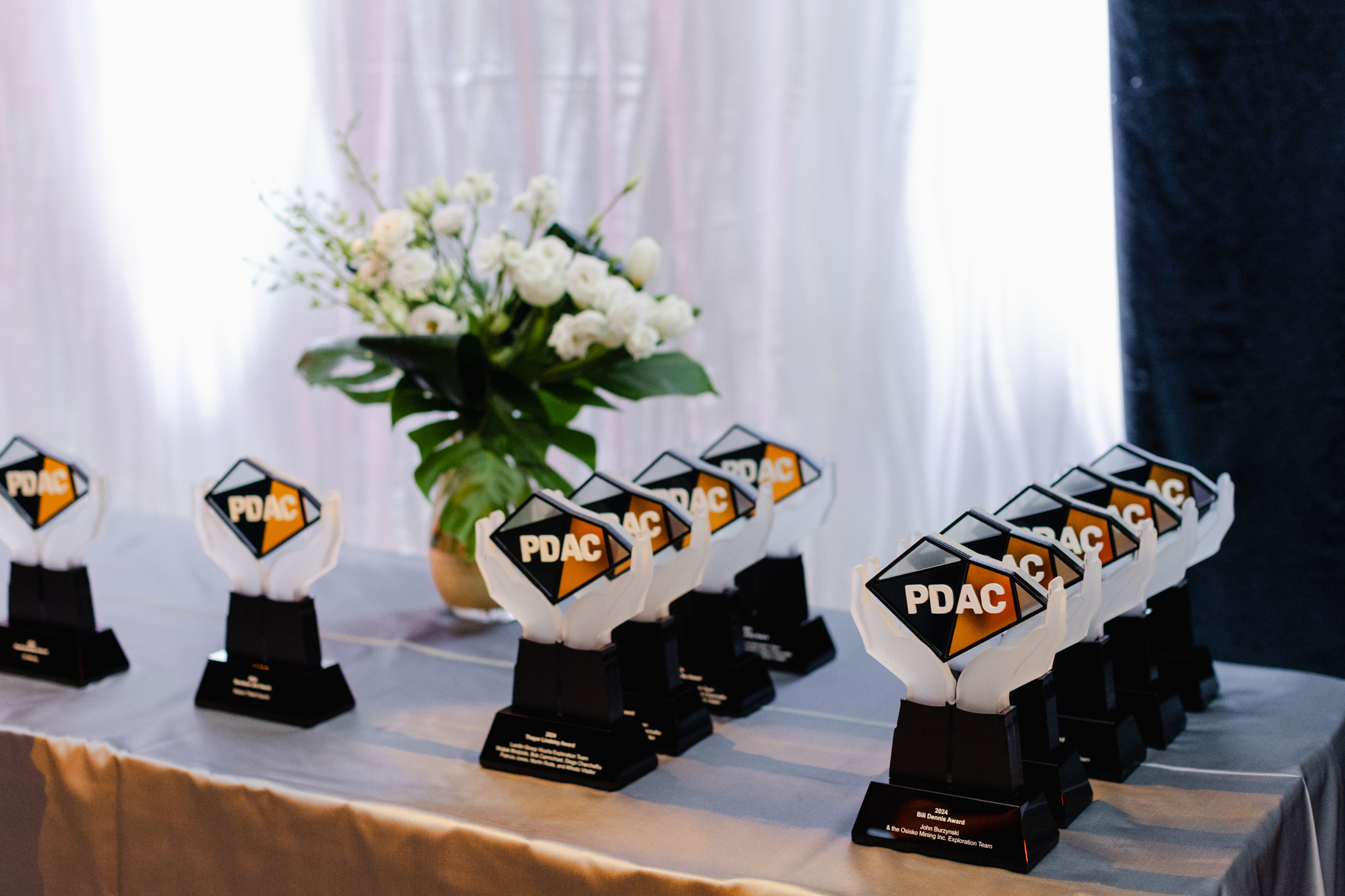 A table full of awards captured in event photography on a table.