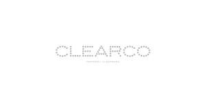 Grey text "CLEARCO" with a perforated style against a white background, reminiscent of sleek corporate photography. Smaller text below reads "FORMERLY CLEARBANC".