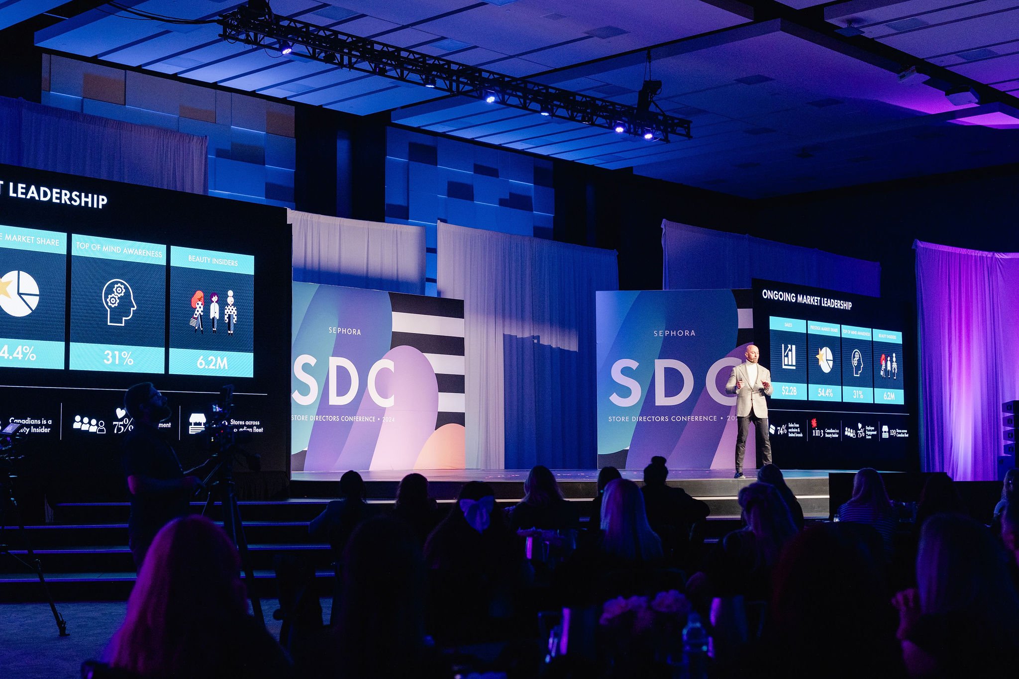 A speaker stands poised on stage, presenting at a conference under the nuanced art of event photography. The audience listens intently as slides glow on large screens, bathing the room in serene blue lighting.
