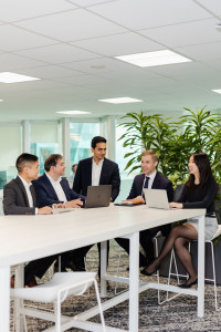 Five people in business attire sit and stand around a meeting table with laptops, having a discussion in a modern office space with large windows and green plants.